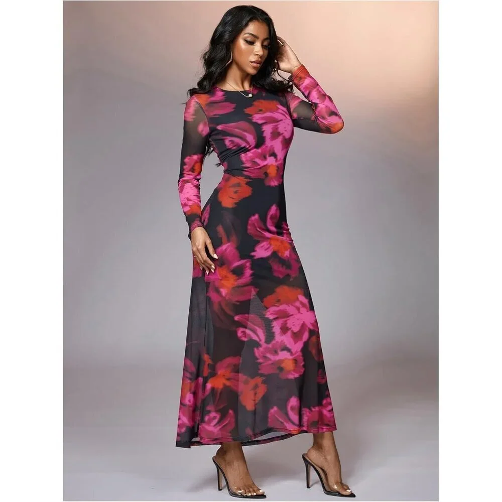 Women's Pink Floral Mesh Elegant Formal Long Sleeve Cocktail Maxi Dresses